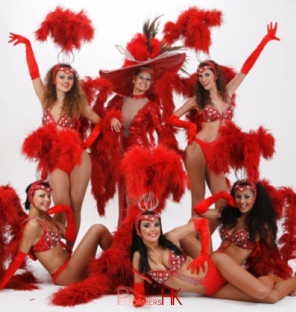 6 vegas dancers pose for camera studio shot