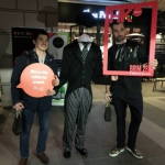 Headless man at a corporate promotion for Brim 28 next to Chez Patrick Cafe at Harbour Center Hong Kong.