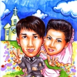 Caricature of a newly-wed couple. 