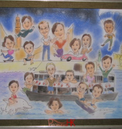 Image of the star ferry with caricatures of guests