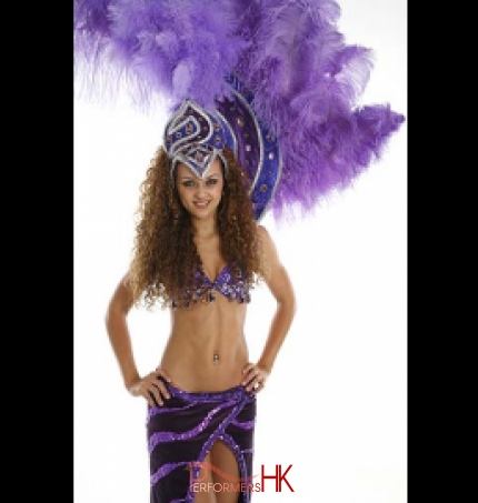 Samba dancer in purple costume taking picture for a corporate cocktails party in Hong Kong