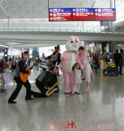 Easter parade with Grooves, bunny girl and bunny mascot at a corporate Easter event in Hong Kong