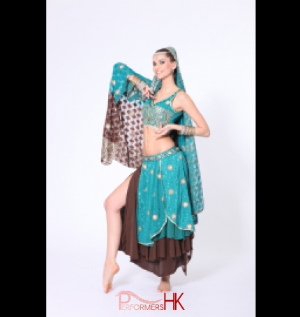 Bollywood dancer wearing teal costume with gold embroidery 