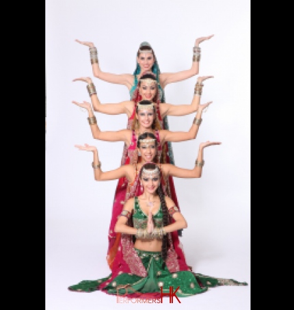 Six Bollywood dancer in HK wearing traditional Bollywood Dance costumes, posing as a line for a promote photo for a annual dinner