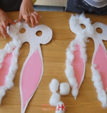 Pink and white bunny ears made with cotton wool