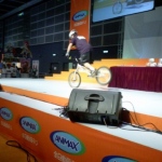 Shaun showing his impressive trail biking skills on stage. 