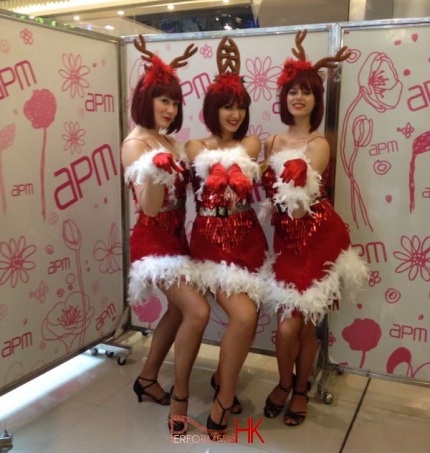 reindeer girls saying Merry Christmas at APM in Hong Kong