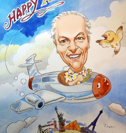 A man flying his plane in a caricaturist drawing from artist