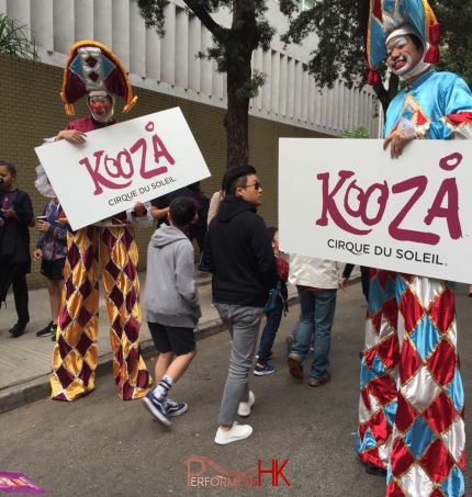 2 gala stilts performers at Kooza promotion at HK stadium