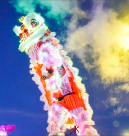 LED lion dance lifted up in air with smoke effect
