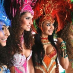 Brazilian dancers in their authentic bright and beautiful samba costumes