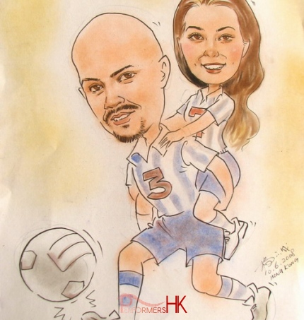 Caricaturist in HK drew a cartoon character picture for a couple at a sport themed corporate event